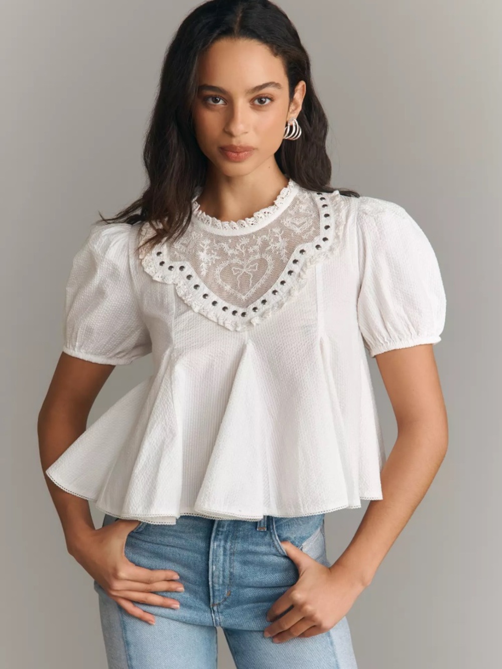 Anthropologie Maeve Puff-Sleeve Studded Placket Blouse in IVORY nwt